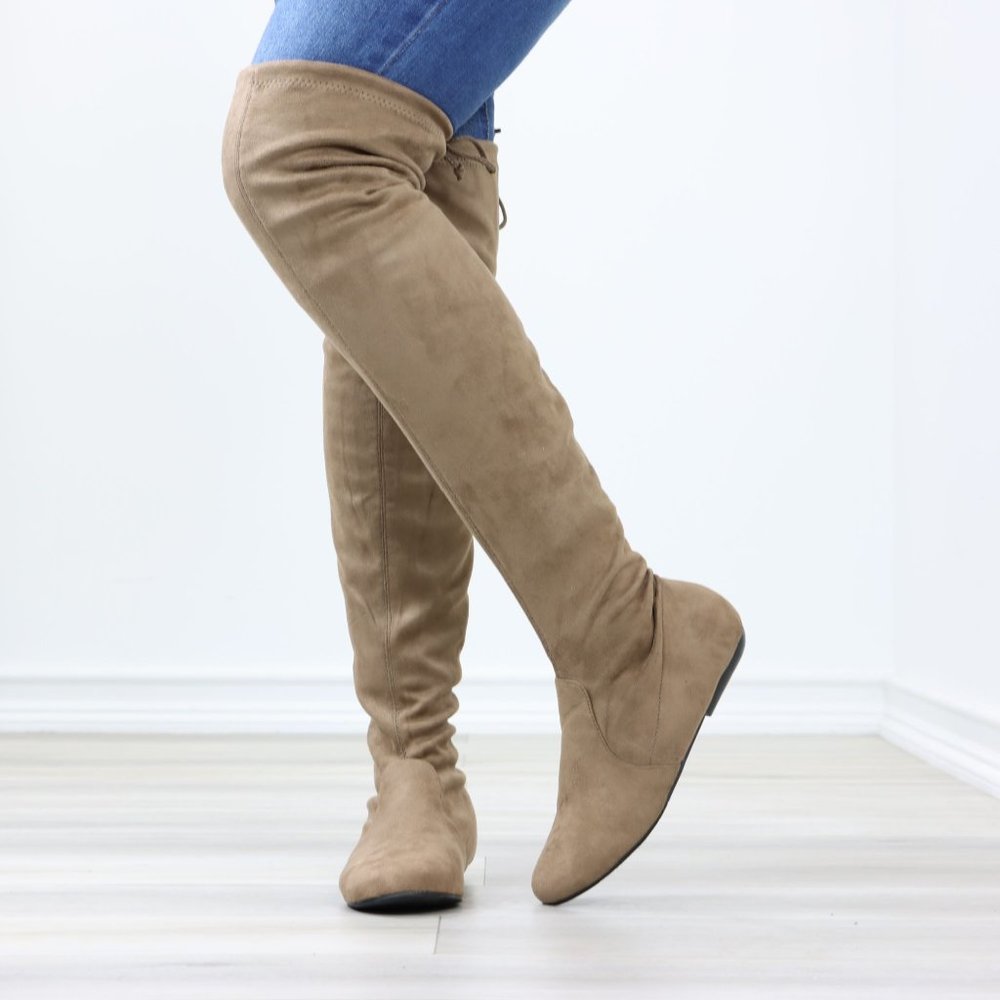 Taupe Thigh High Over The Knee Flat Boots Faux Suede - Picture 12 of 15